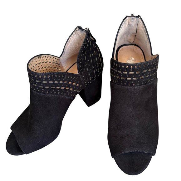 Antonio Melani Black Leather Peep Toe Block Heel Booties 6.5 M - Picture 1 of 10